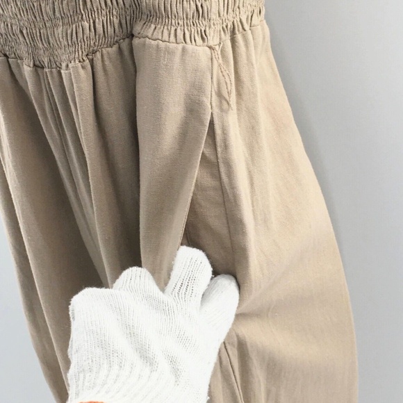 House of Harlow Linen Blend Jumpsuit Brown Sleeveless Cropped Smocked Top Sz XS - Picture 6 of 11